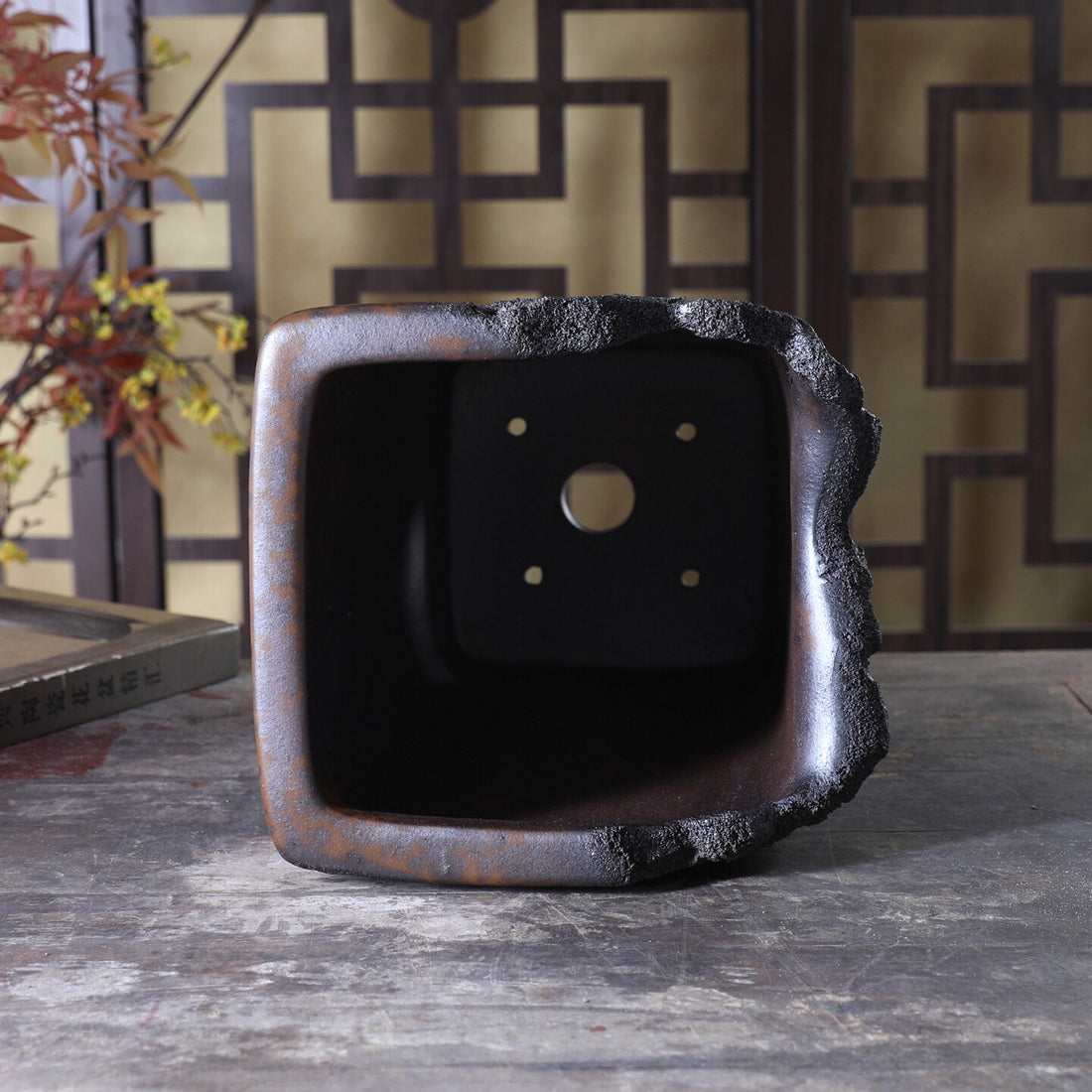 9.4 inch (24cm) Deep Square Wood-Fired Cascade Bonsai Pot w Broken Edge Style Rim Inner View