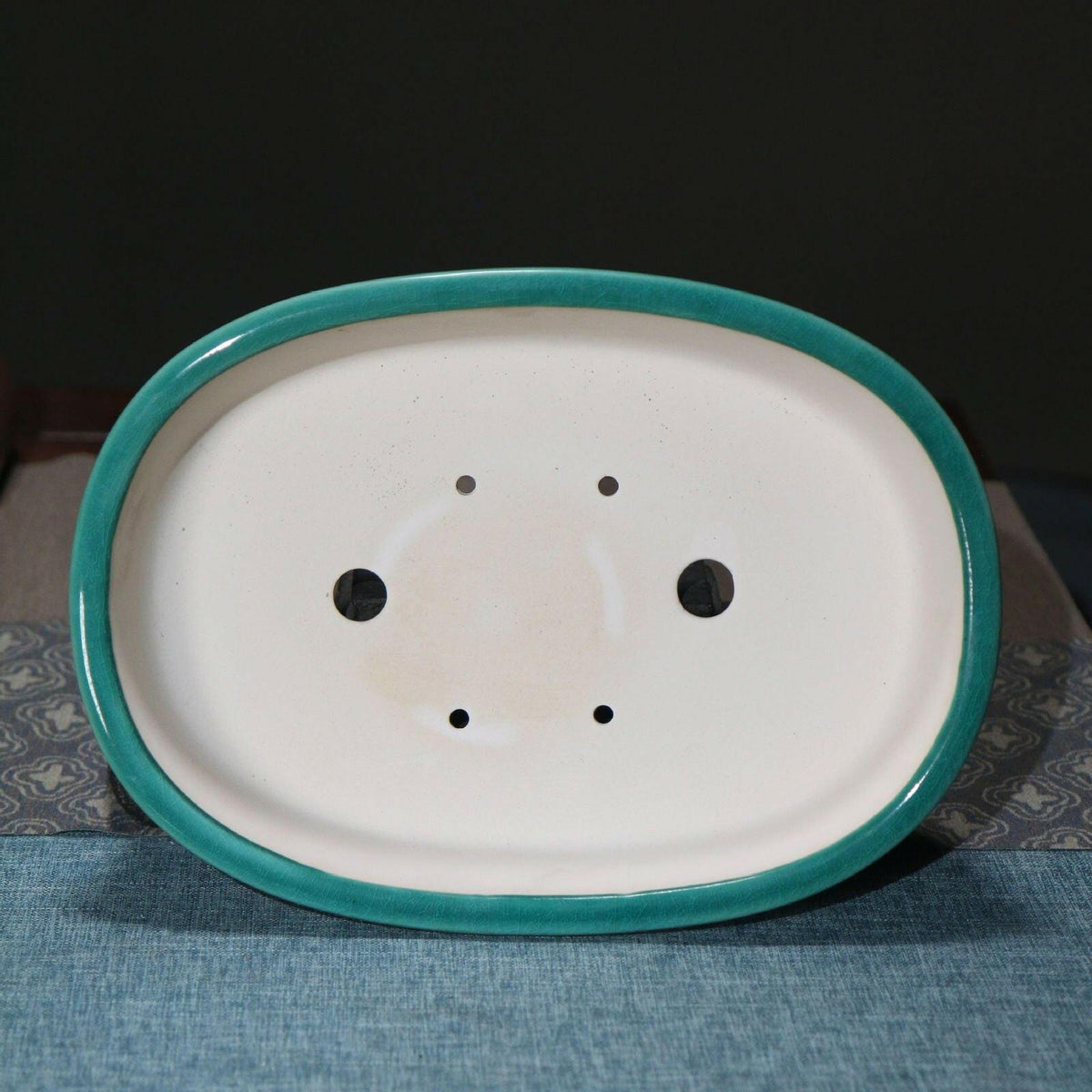 11" (28cm) Large Oval Studded Shallow Cracked Glaze Bonsai Pot Inner View