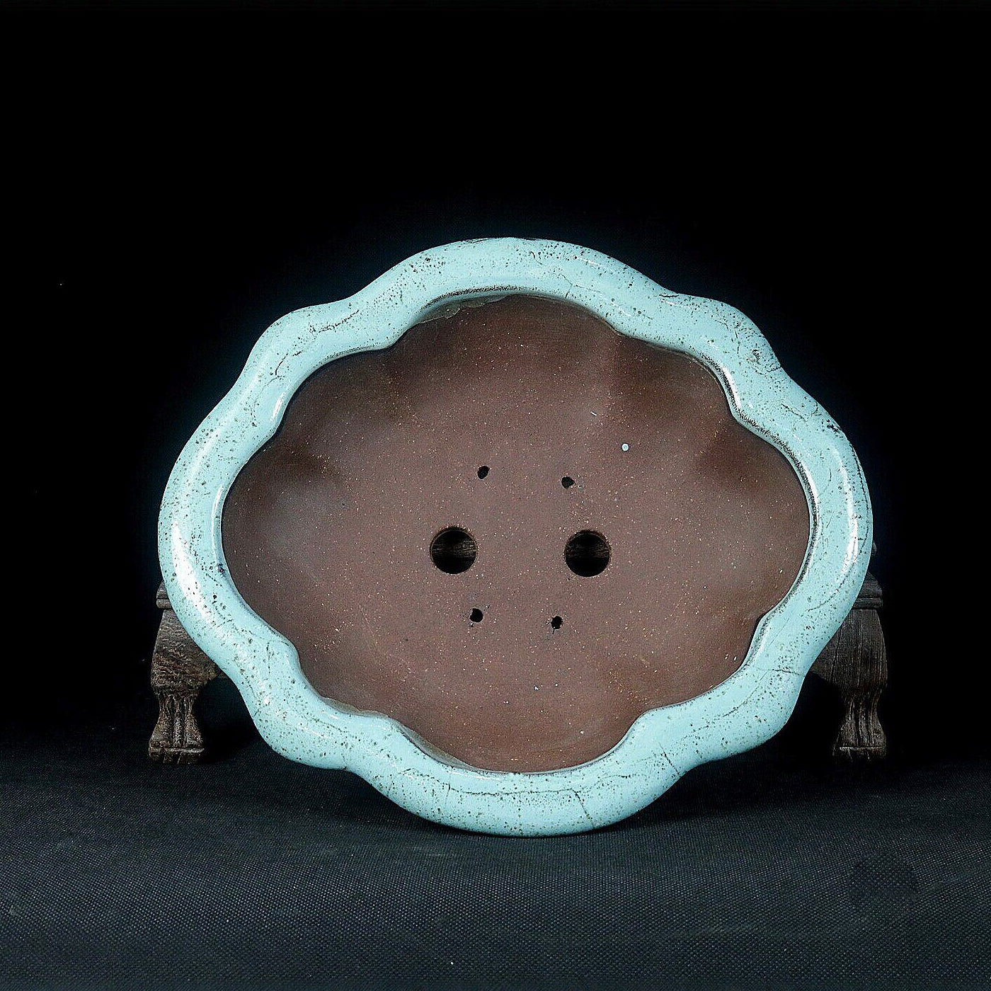 8.6" (22cm) Flared Scalloped Lotus-Shaped Green Glazed Shallow Bonsai Pot