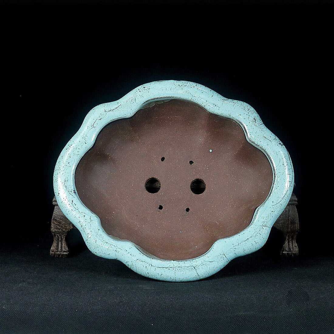 8.6" (22cm) Flared Scalloped Lotus-Shaped Green Glazed Shallow Bonsai Pot