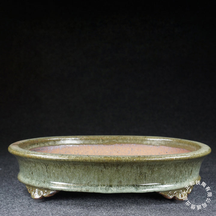 11 inch (28.1cm) Large Oval Taisho Kiln Jun Glaze Green Multi-Tone Shallow Bonsai Pot
