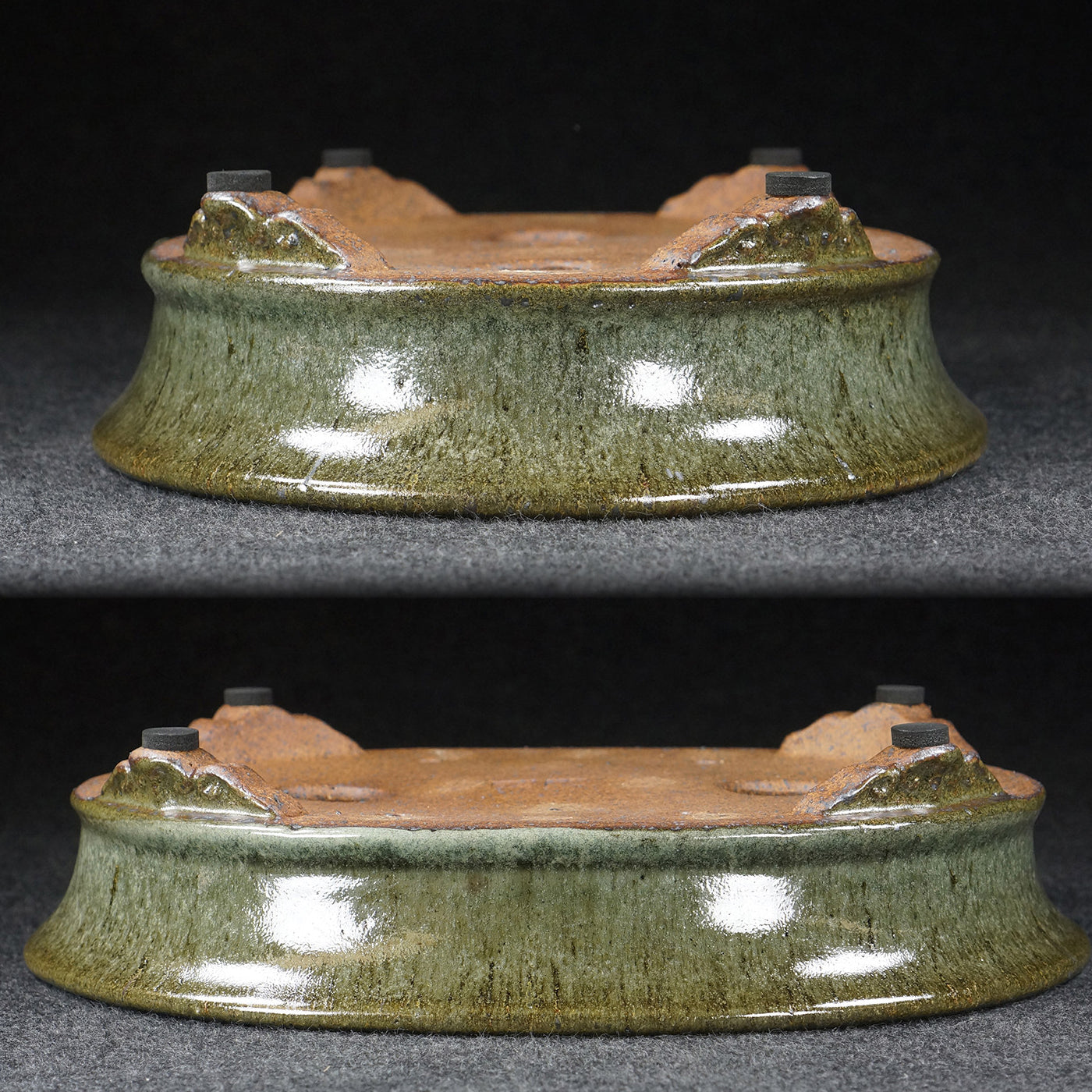 11 inch (28.1cm) Large Oval Taisho Kiln Jun Glaze Green Multi-Tone Shallow Bonsai Pot Upside Down View