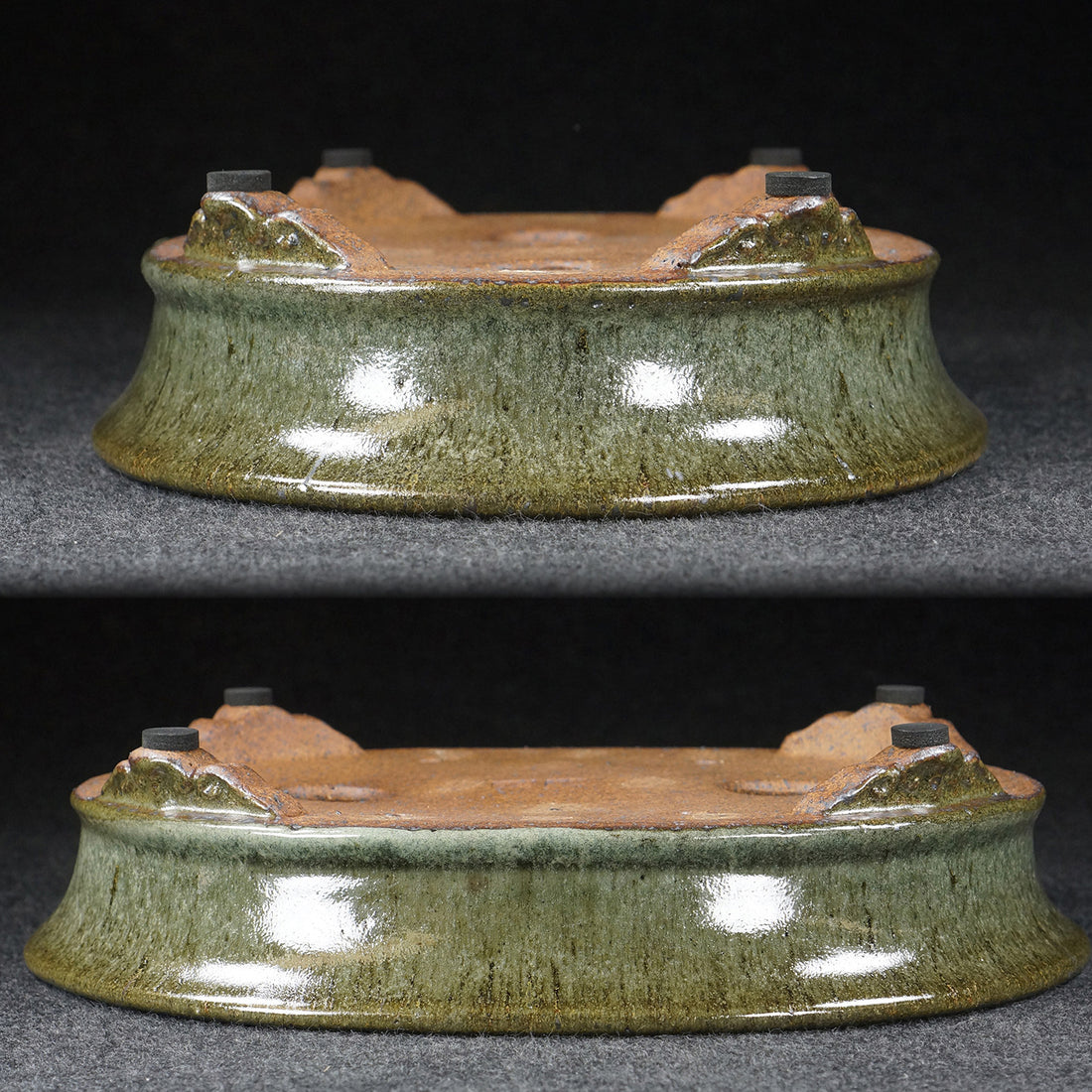 11 inch (28.1cm) Large Oval Taisho Kiln Jun Glaze Green Multi-Tone Shallow Bonsai Pot Upside Down View