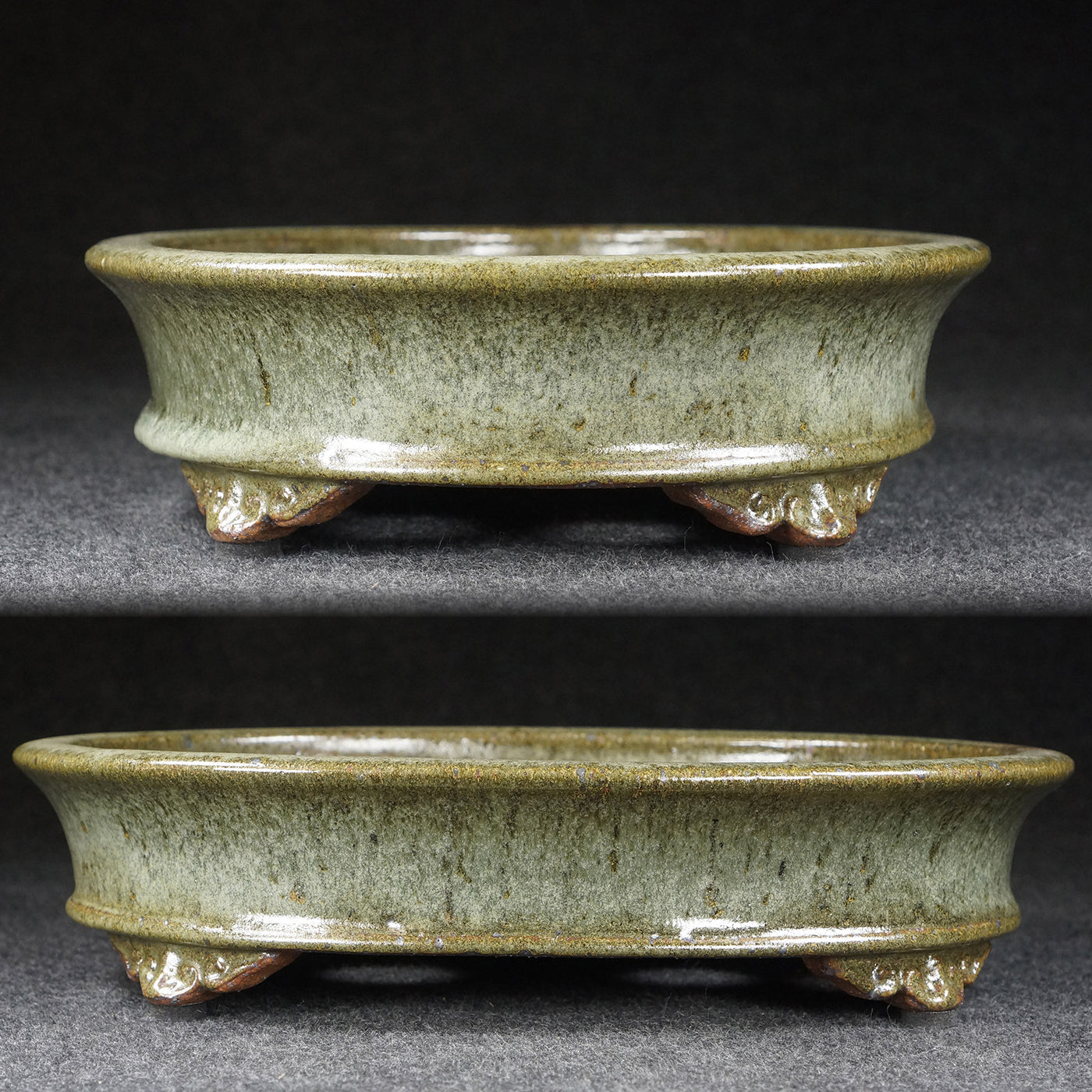 11 inch (28.1cm) Large Oval Taisho Kiln Jun Glaze Green Multi-Tone Shallow Bonsai Pot