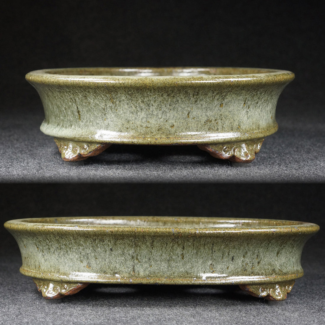 11 inch (28.1cm) Large Oval Taisho Kiln Jun Glaze Green Multi-Tone Shallow Bonsai Pot
