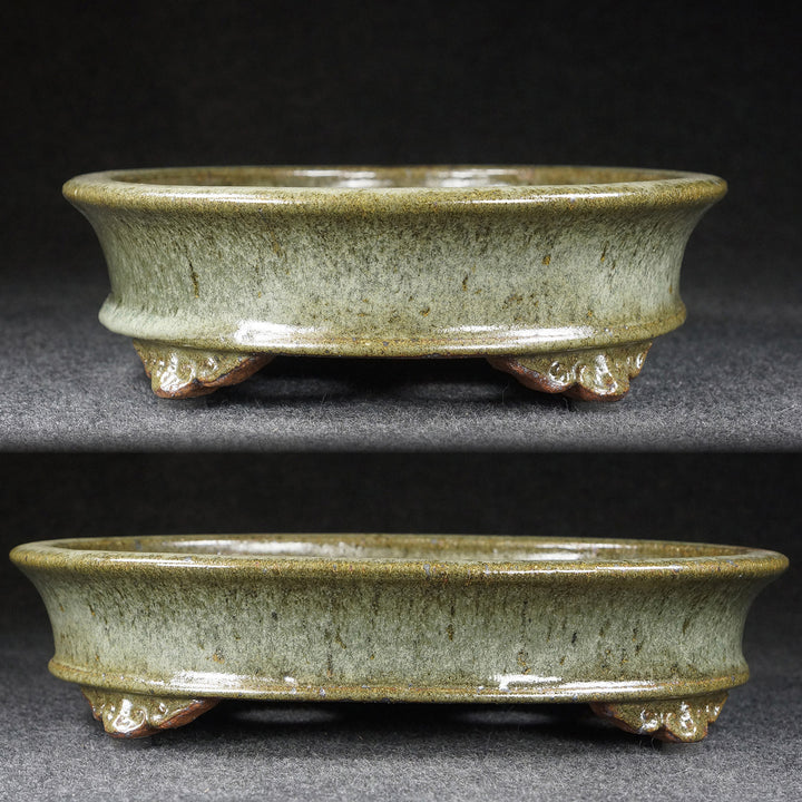 11 inch (28.1cm) Large Oval Taisho Kiln Jun Glaze Green Multi-Tone Shallow Bonsai Pot