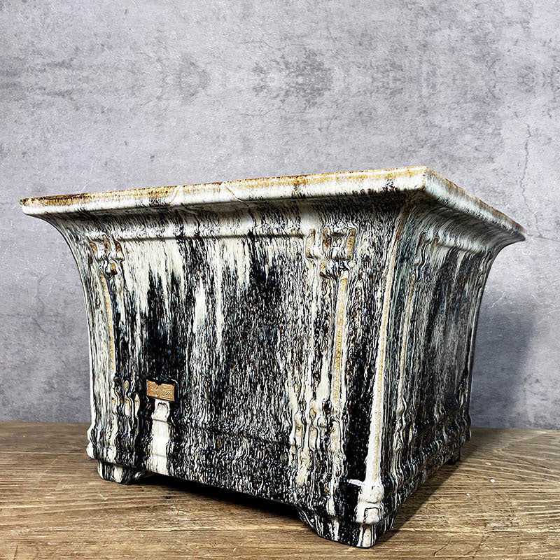 11 inch (28cm) Large 8.2 inch (21cm) Deep Drip Glaze Cascade/Semi Cascade Square Bonsai Pots Black And White Color Corner View
