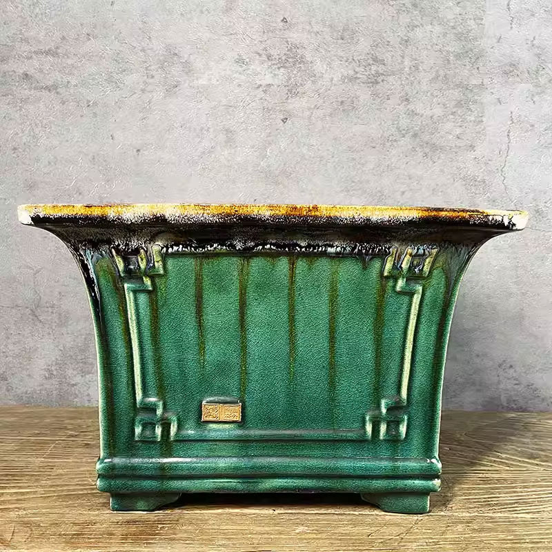 11 inch (28cm) Large 8.2 inch (21cm) Deep Drip Glaze Cascade/Semi Cascade Square Bonsai Pots Green Color