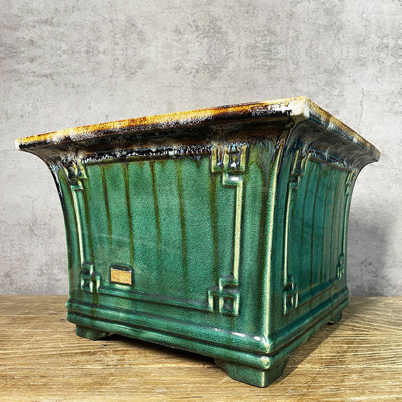 11 inch (28cm) Large 8.2 inch (21cm) Deep Drip Glaze Cascade/Semi Cascade Square Bonsai Pots Green Color Corner View