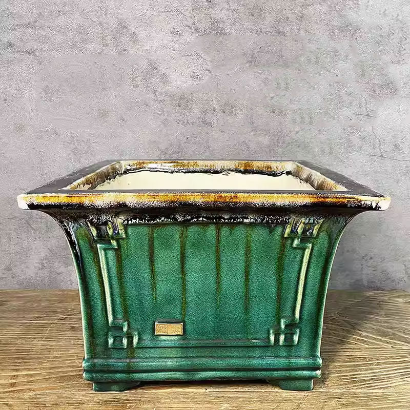 11 inch (28cm) Large 8.2 inch (21cm) Deep Drip Glaze Cascade/Semi Cascade Square Bonsai Pots Green Color Top View