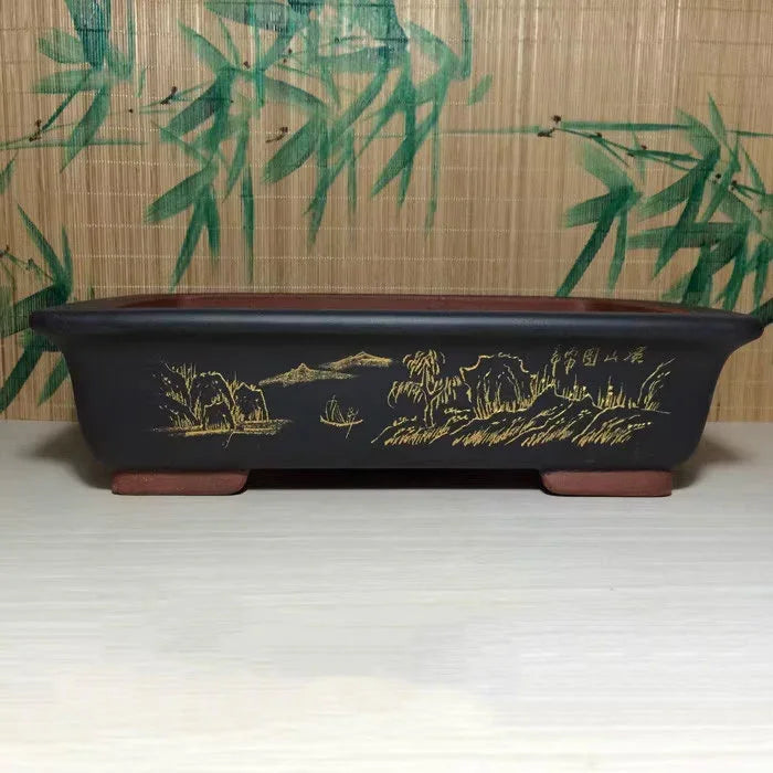 11 inch (28cm) Large Artistic Rectangular Bonsai Pot w Landscape & Calligraphy Art