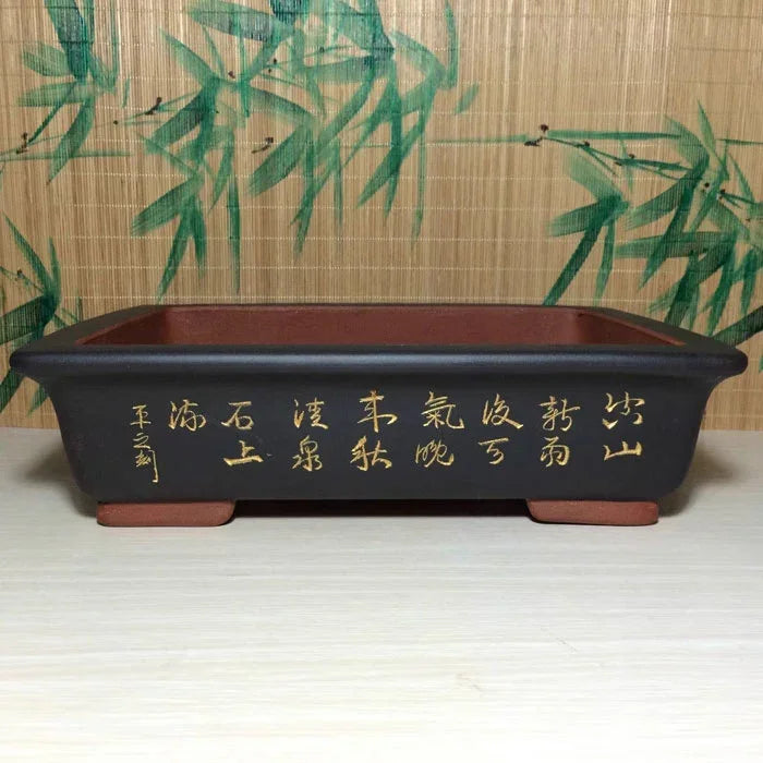 11 inch (28cm) Large Artistic Rectangular Bonsai Pot w Landscape & Calligraphy Art Back Side View
