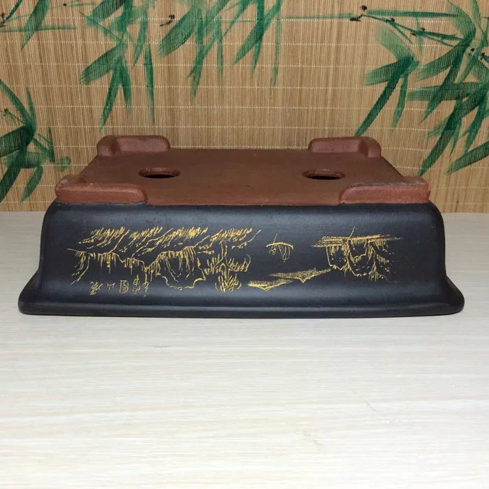 11 inch (28cm) Large Artistic Rectangular Bonsai Pot w Landscape & Calligraphy Art Bottom View