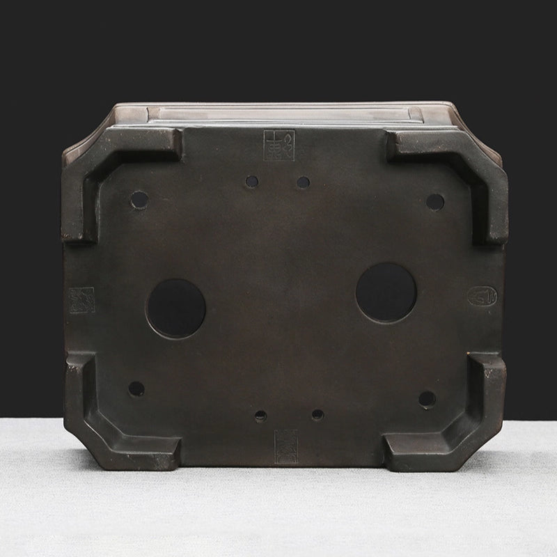 11 inch (28cm) Large Corner-Cut Rectangular Dark Brown Antique Style Bonsai Pot Bottom View