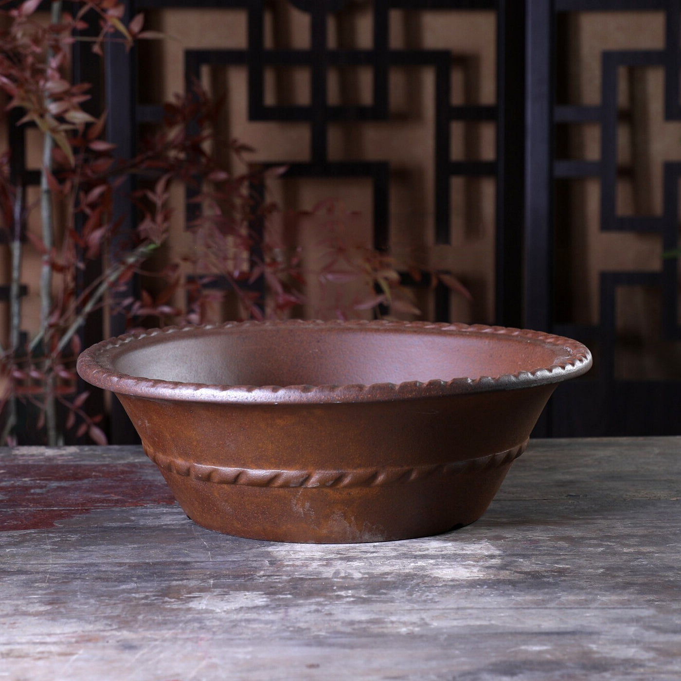 11 inch (28cm) Large Flared Round Speckled Finish Unglazed Bonsai Pot w Twisted-Rope Style Rim