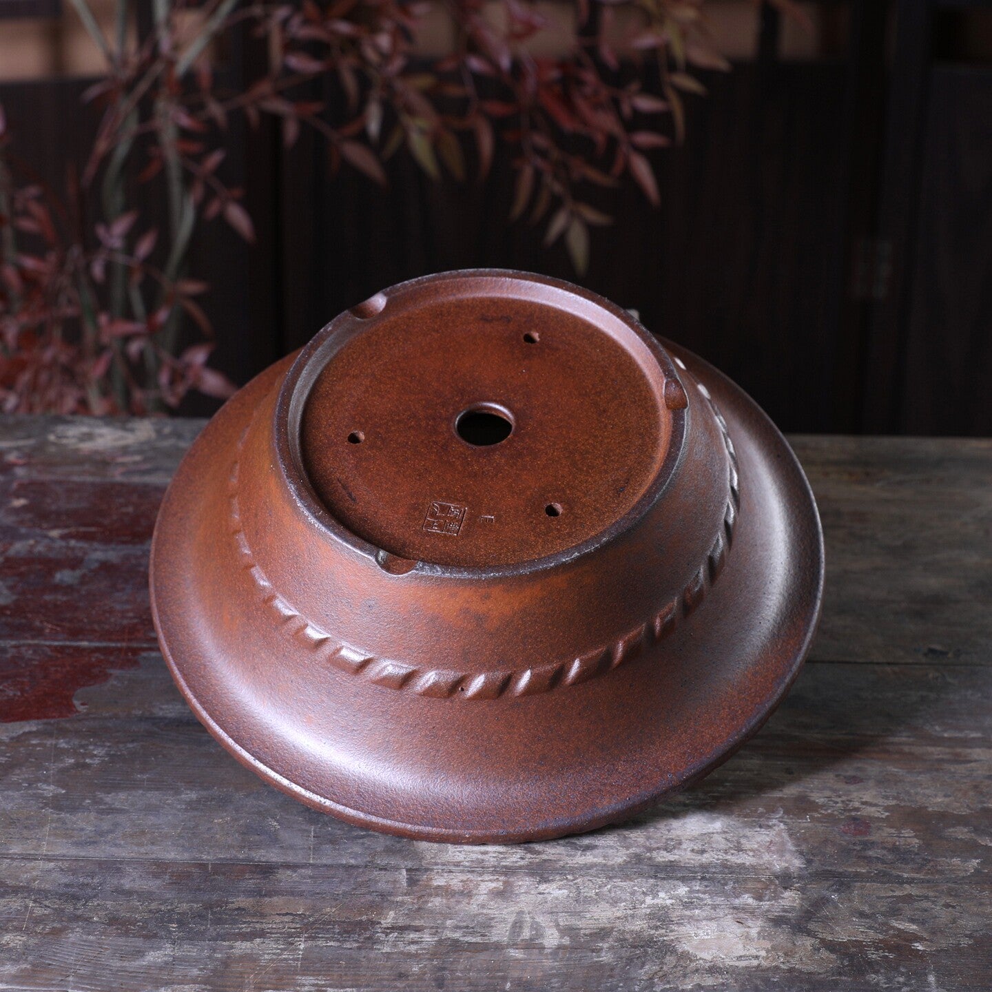 11 inch (28cm) Large Flared Round Speckled Finish Unglazed Bonsai Pot w Twisted-Rope Style Rim Bottom View