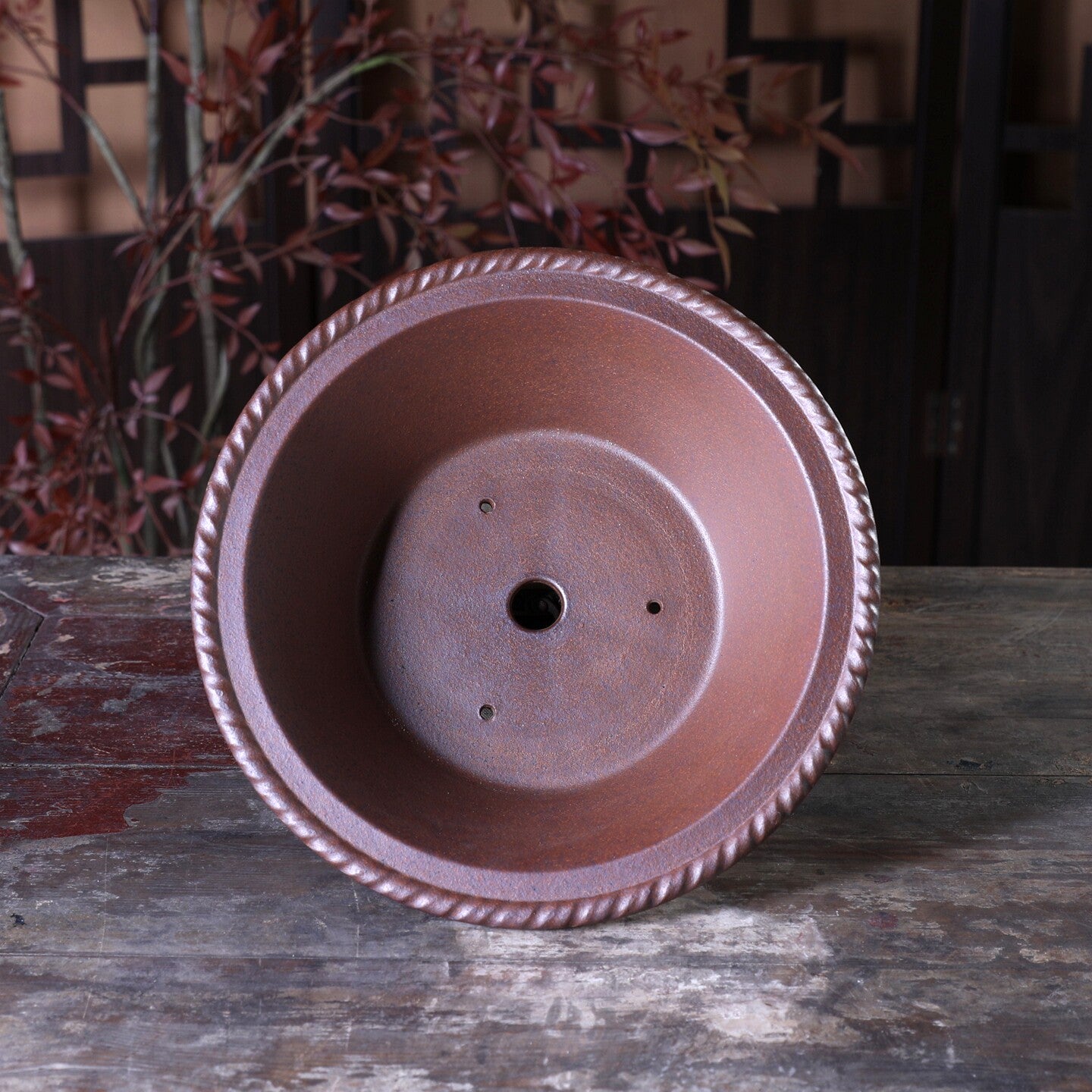 11 inch (28cm) Large Flared Round Speckled Finish Unglazed Bonsai Pot w Twisted-Rope Style Rim Inner View