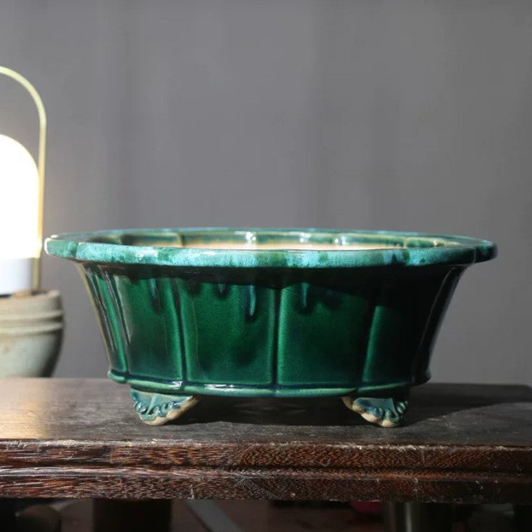 11 inch (28cm) Large Lotus-Shaped Green Multi-Tone Glazed Decorative Bonsai Pot