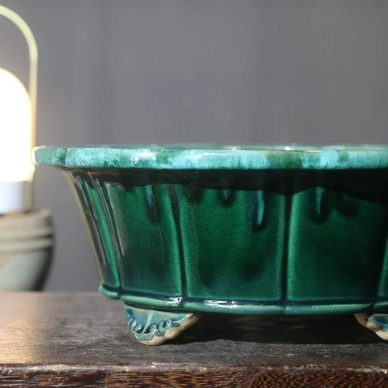 11 inch (28cm) Large Lotus-Shaped Green Multi-Tone Glazed Decorative Bonsai Pot Close Shot