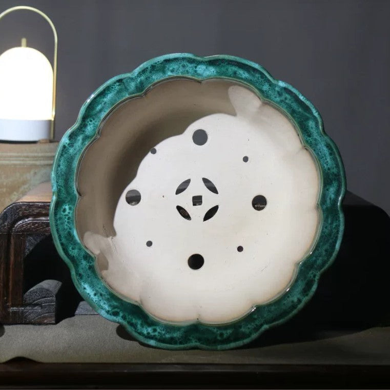 11 inch (28cm) Large Lotus-Shaped Green Multi-Tone Glazed Decorative Bonsai Pot Inner View