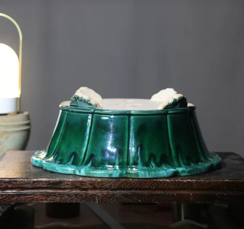 11 inch (28cm) Large Lotus-Shaped Green Multi-Tone Glazed Decorative Bonsai Pot Upside Down View