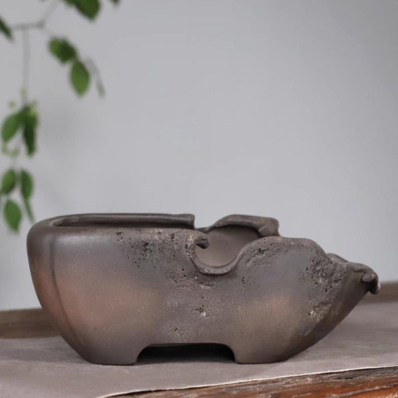 11 inch (28cm) Large Rectangular Eroded Broken Edge Style Abstract Unglazed Bonsai Pot