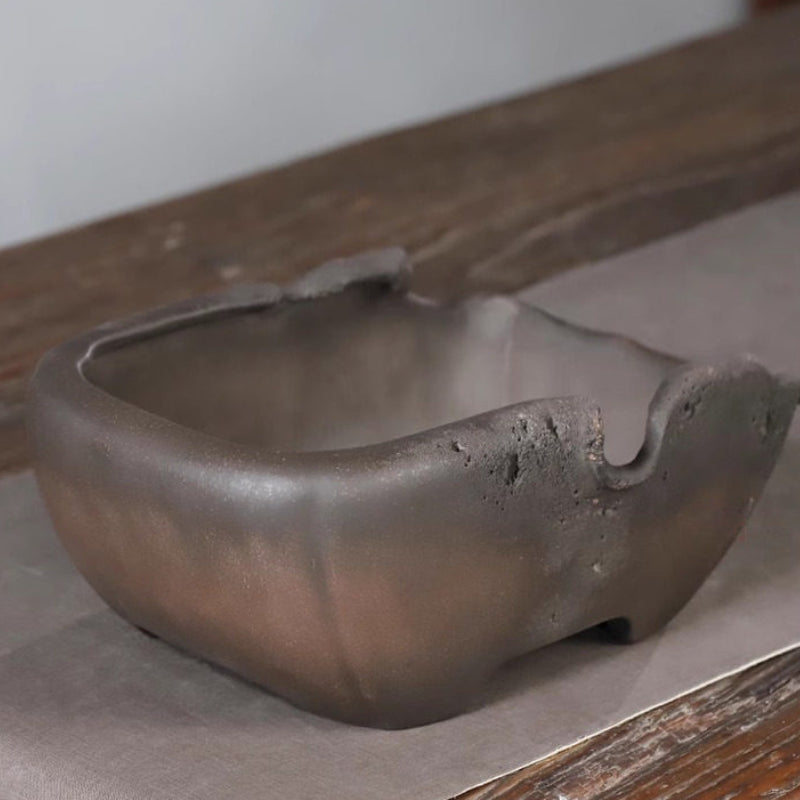 11 inch (28cm) Large Rectangular Eroded Broken Edge Style Abstract Unglazed Bonsai Pot Corner Back View