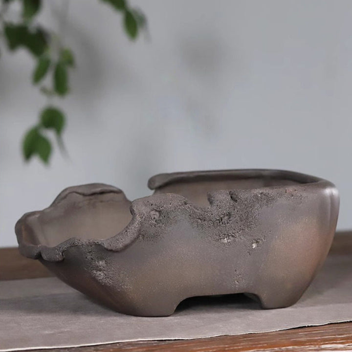11 inch (28cm) Large Rectangular Eroded Broken Edge Style Abstract Unglazed Bonsai Pot Side View