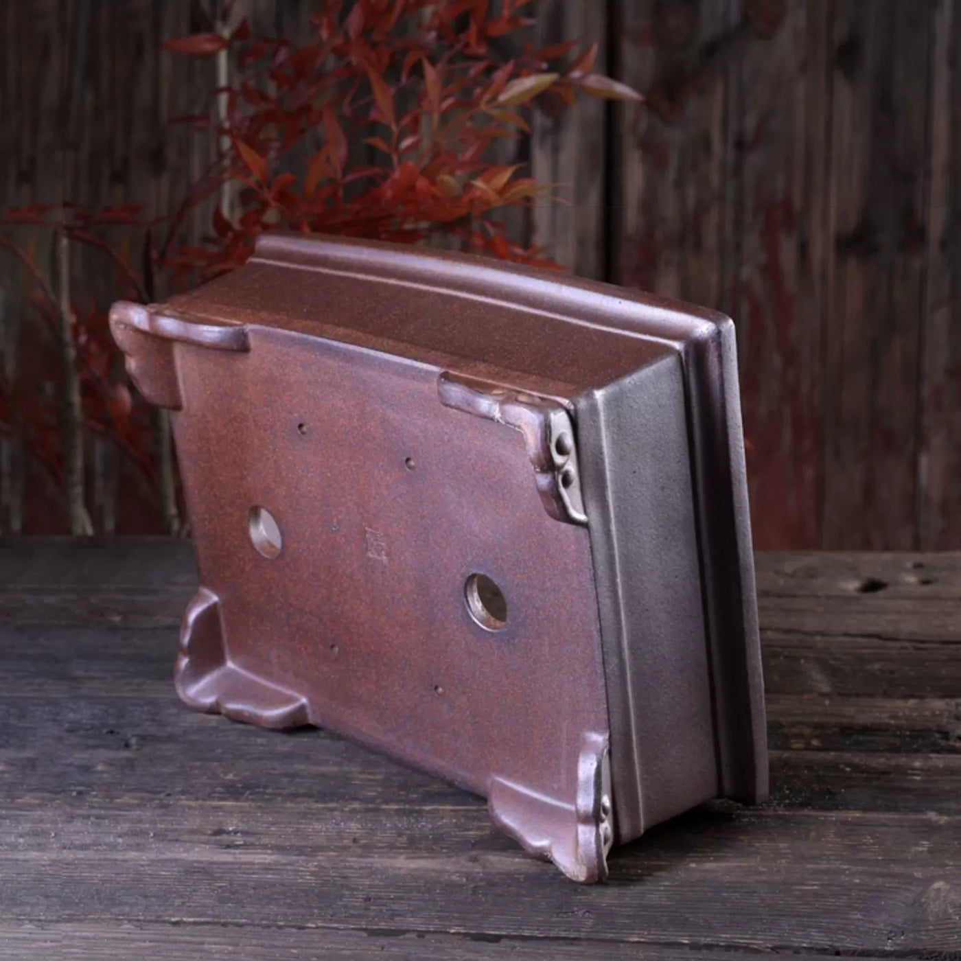 11 inch (28cm) Large Rectangular Wood-Fired Unglazed Cloud Feet Bonsai Pot Bottom Corner View