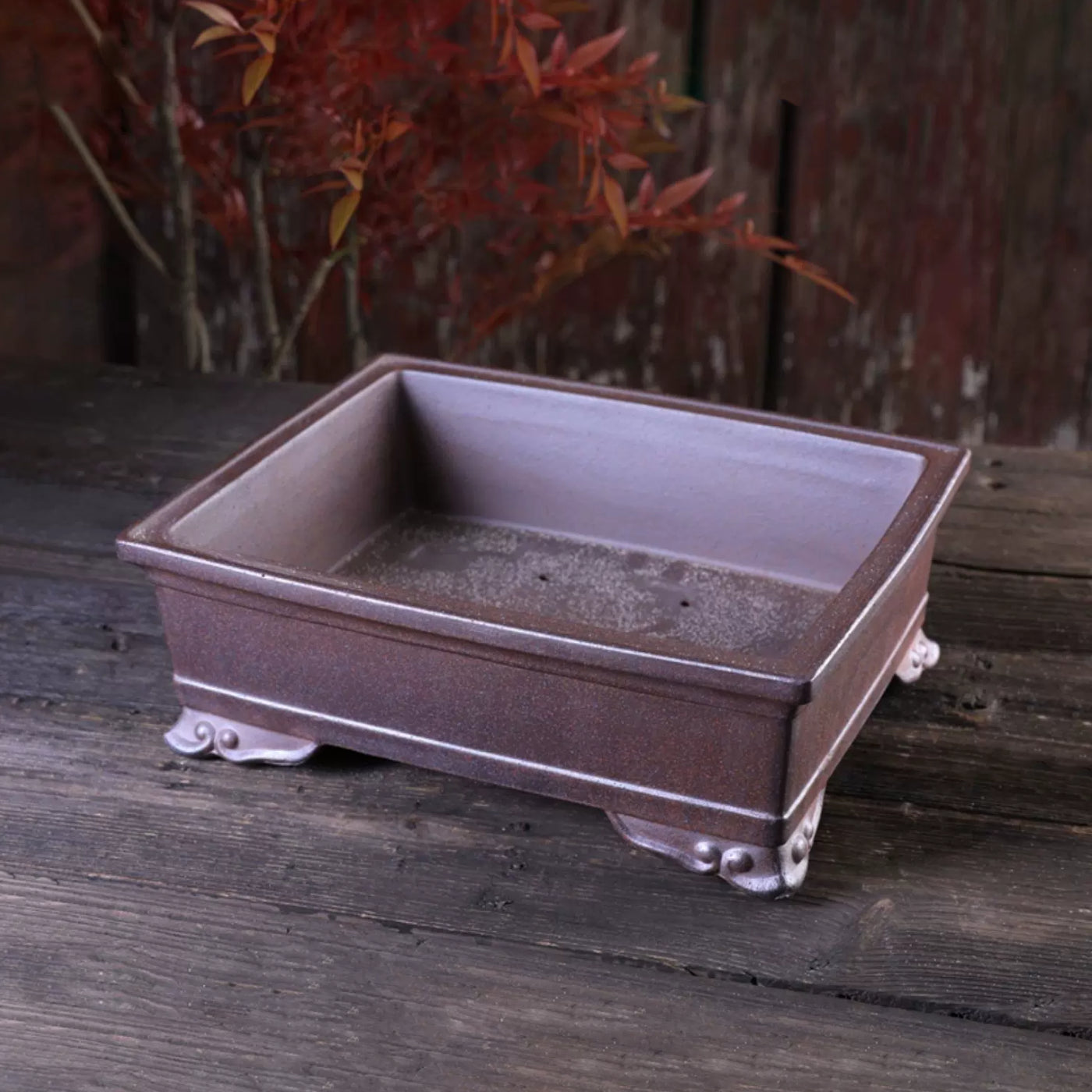 11 inch (28cm) Large Rectangular Wood-Fired Unglazed Cloud Feet Bonsai Pot Corner View