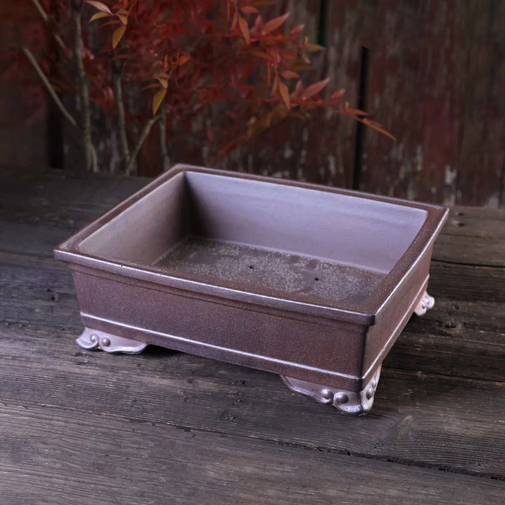 11 inch (28cm) Large Rectangular Wood-Fired Unglazed Cloud Feet Bonsai Pot Corner View