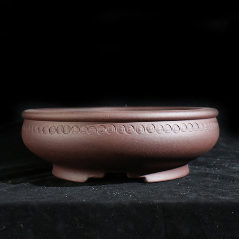 11 inch (28cm) Large Round Traditional Unglazed Bonsai Pot w Decorative Coin-Like Band