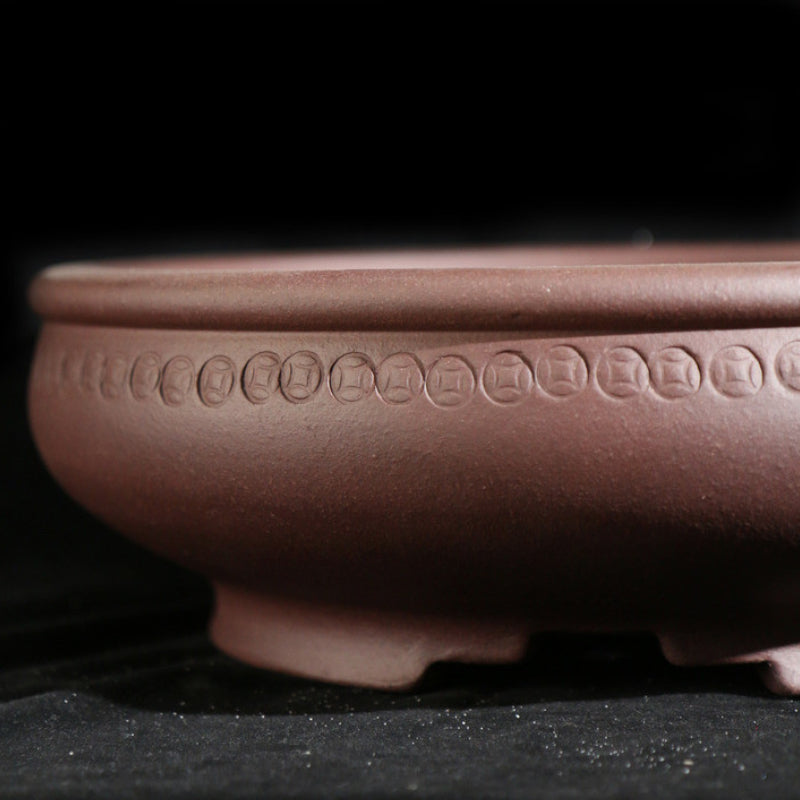 11 inch (28cm) Large Round Traditional Unglazed Bonsai Pot w Decorative Coin-Like Band Close Shot