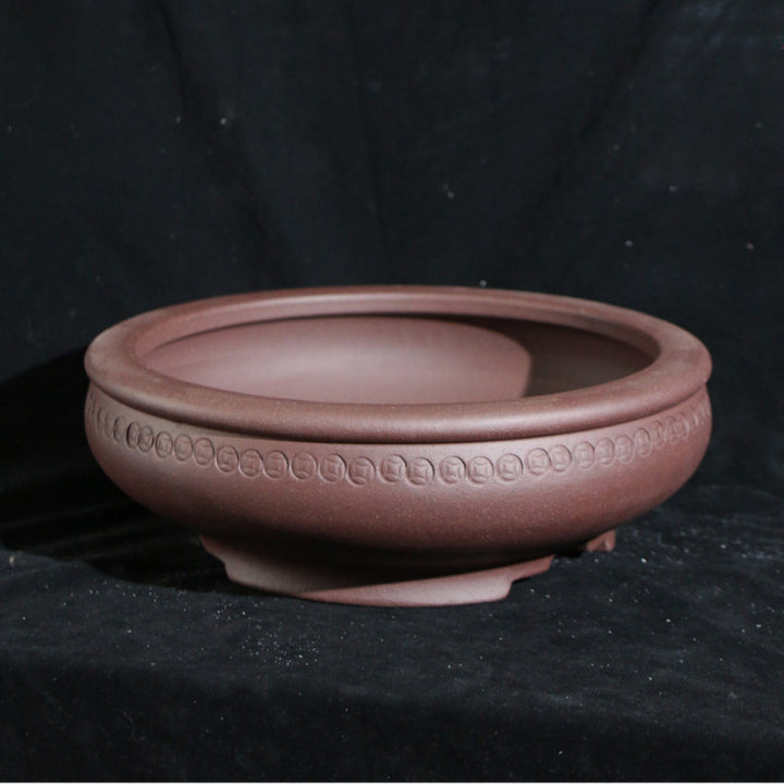 11 inch (28cm) Large Round Traditional Unglazed Bonsai Pot w Decorative Coin-Like Band Corner View