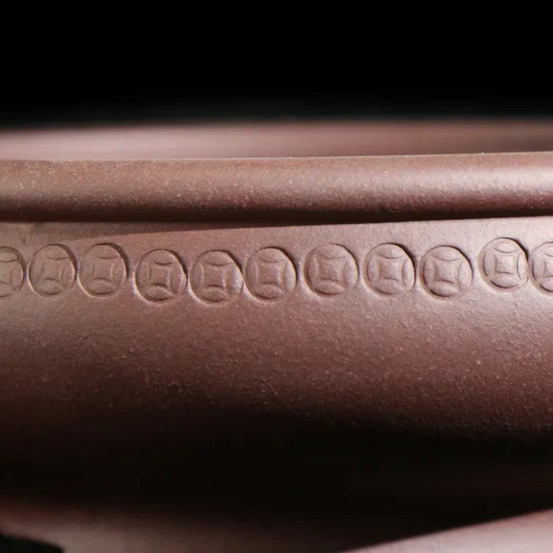 11 inch (28cm) Large Round Traditional Unglazed Bonsai Pot w Decorative Coin-Like Band Detail View
