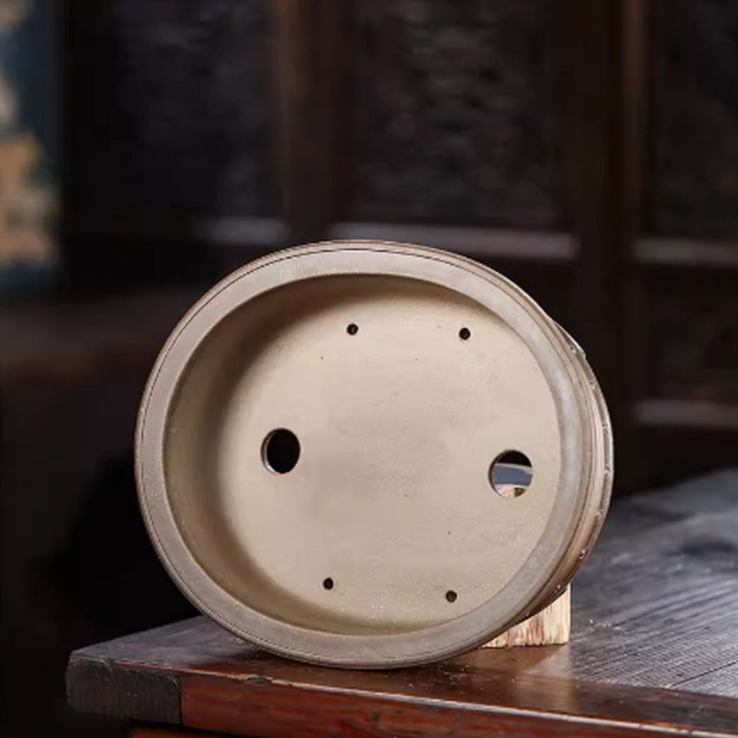 11.4" (29cm) Oval Handmade Shallow Bonsai Pot w Raised Studded Design Inner View