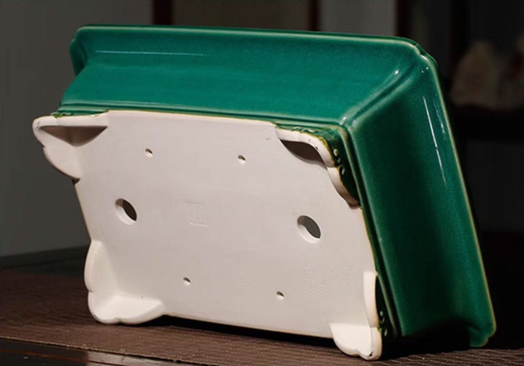 12.2" (31cm) Large Glazed Raised Cloud Feet Rectangular Bonsai Pot Bottom View