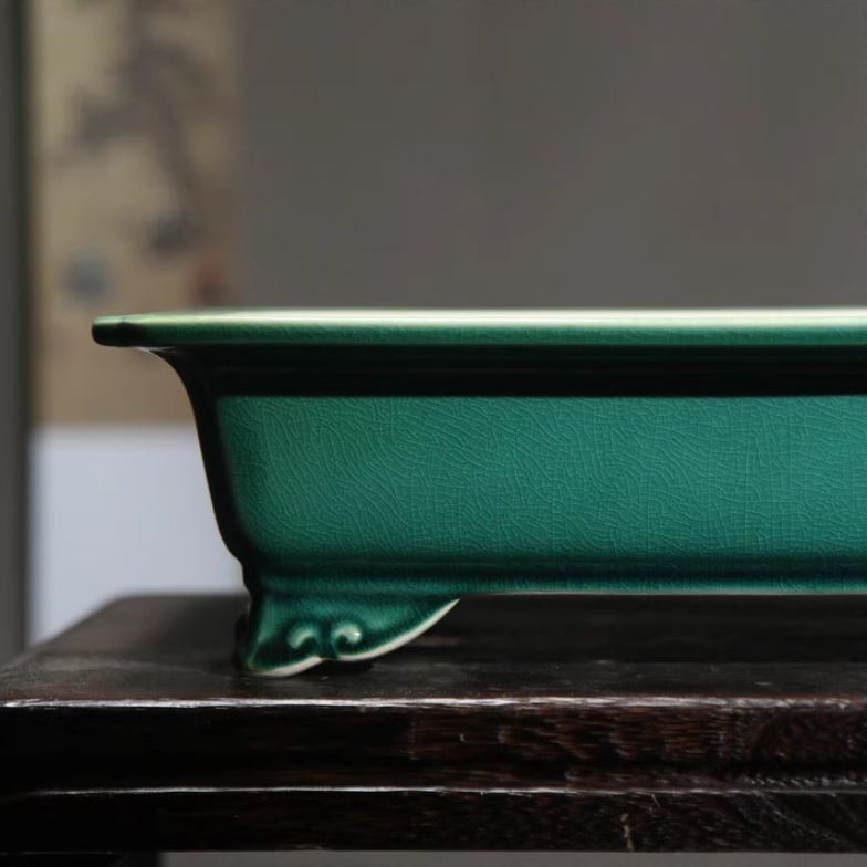 12.2" (31cm) Large Glazed Raised Cloud Feet Rectangular Bonsai Pot Close Shot