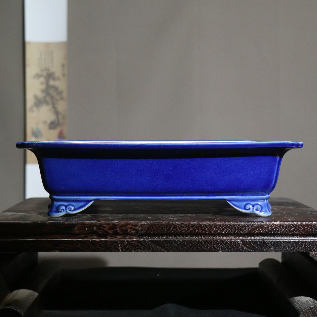 12.2" (31cm) Large Glazed Raised Cloud Feet Rectangular Bonsai Pot Dark Blue Color