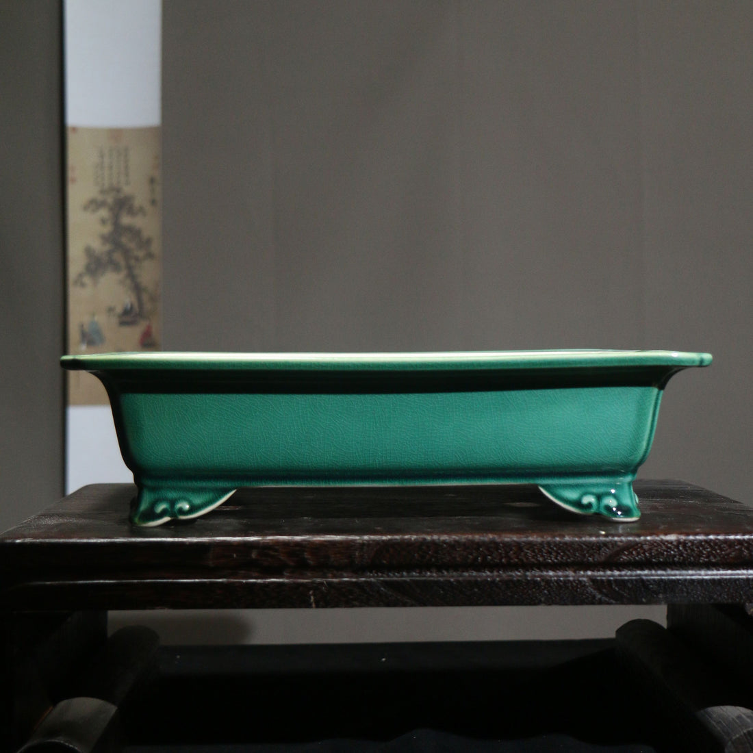 12.2" (31cm) Large Glazed Raised Cloud Feet Rectangular Bonsai Pot Green Color