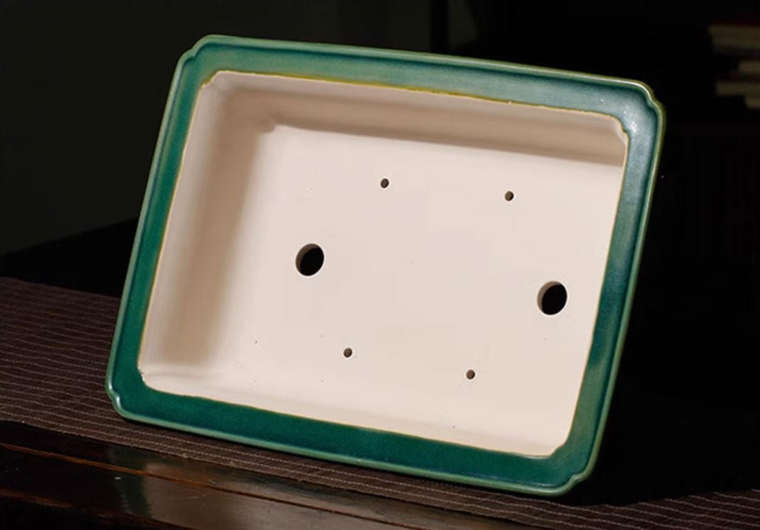 12.2" (31cm) Large Glazed Raised Cloud Feet Rectangular Bonsai Pot Inner View