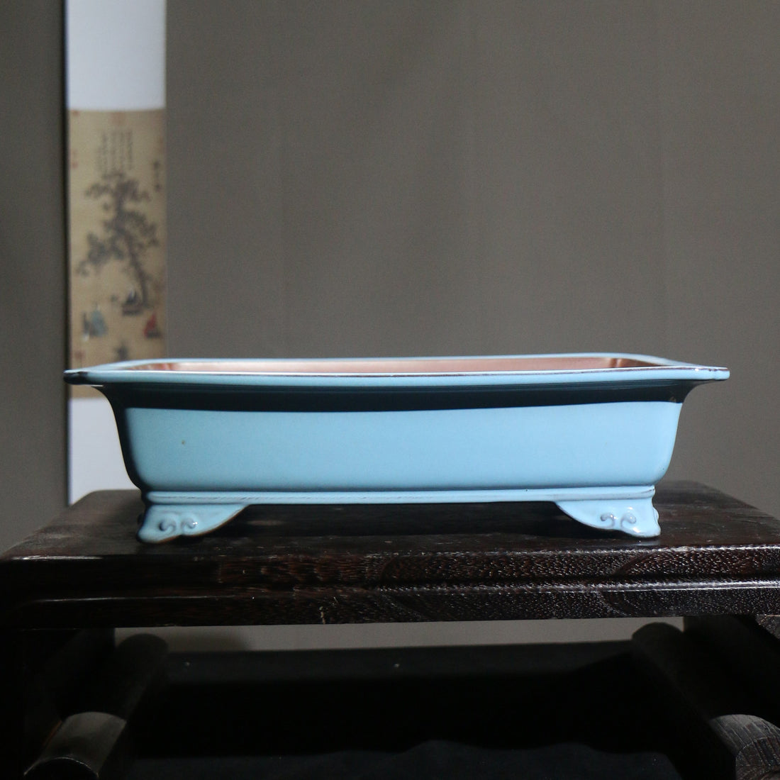 12.2" (31cm) Large Glazed Raised Cloud Feet Rectangular Bonsai Pot Light Blue Color