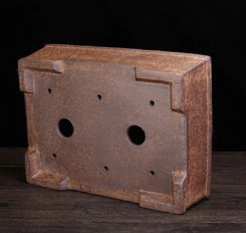 12.2" (31cm) Large Rectangular Rustic Bonsai Pot w Raised Lip & Cutout Feet Bottom View