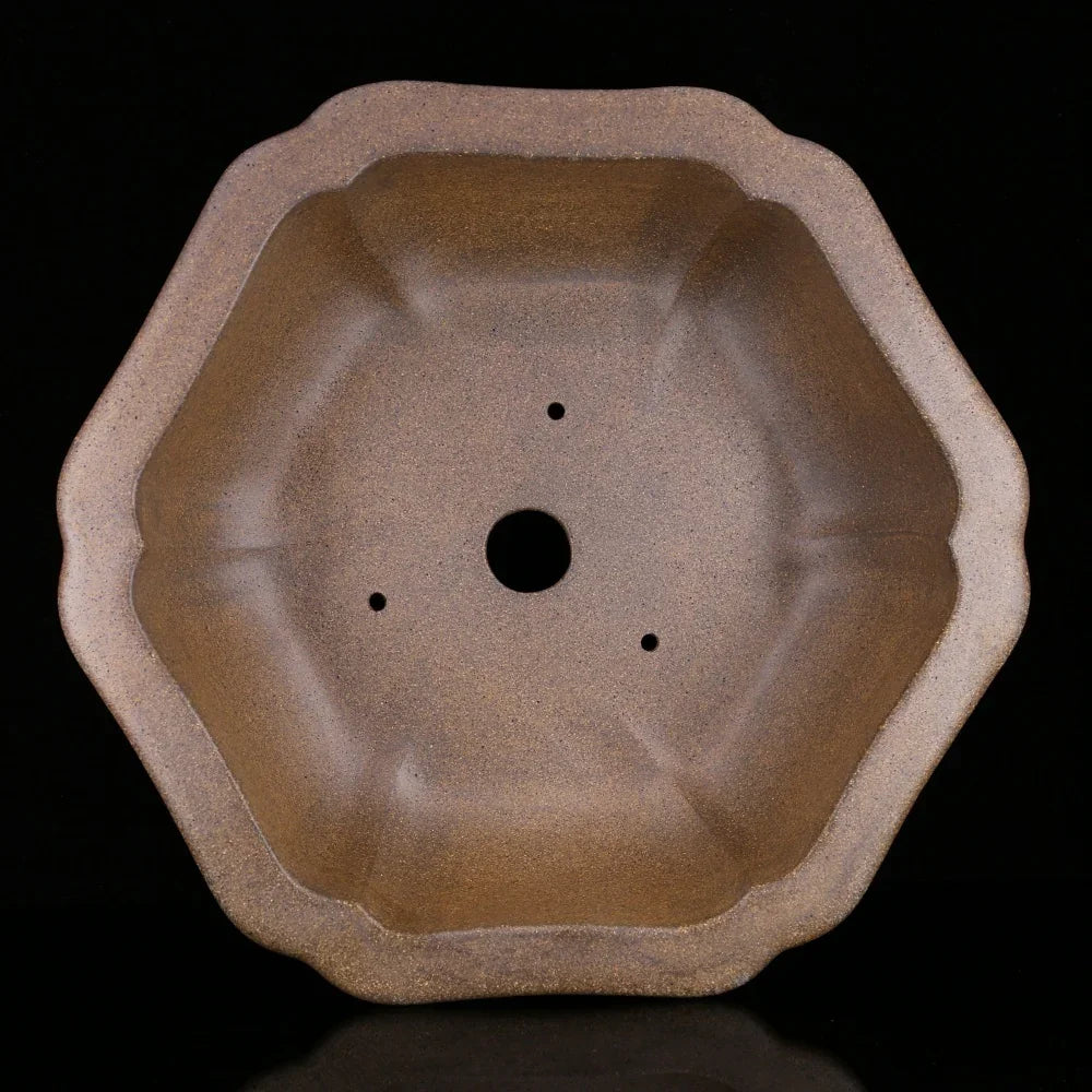 12.2 inch (31cm) Handmade Hexagonal Bonsai Pot w Scalloped Edges & Ornate Feet Inner View