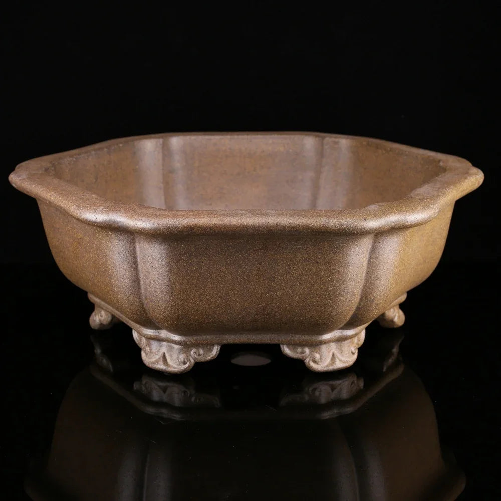 12.2 inch (31cm) Handmade Hexagonal Bonsai Pot w Scalloped Edges & Ornate Feet Top View