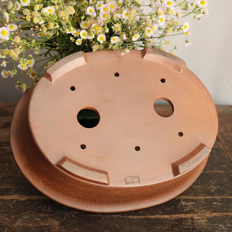 12.2 inch (31cm) Large Oval Firewood-Burning Speckled Finish Unglazed Bonsai Pot Bottom View