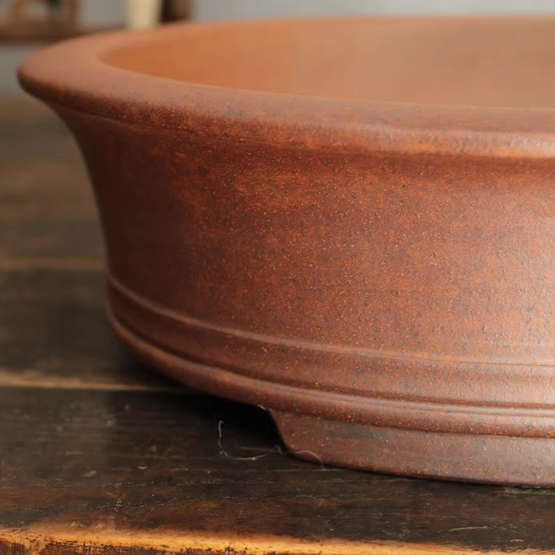 12.2 inch (31cm) Large Oval Firewood-Burning Speckled Finish Unglazed Bonsai Pot Close Shot