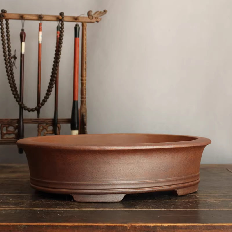 12.2 inch (31cm) Large Oval Firewood-Burning Speckled Finish Unglazed Bonsai Pot Corner View