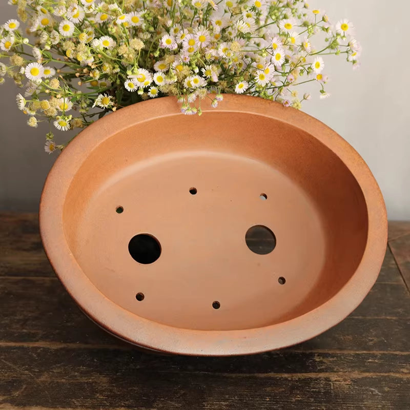 12.2 inch (31cm) Large Oval Firewood-Burning Speckled Finish Unglazed Bonsai Pot Inner View