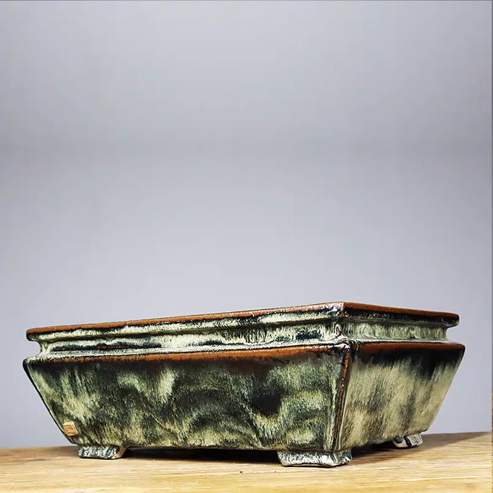 12.2 inch (31cm) Large Rectangular Exclusive Green Multi-Tone Glazed Bonsai Pot Corner View